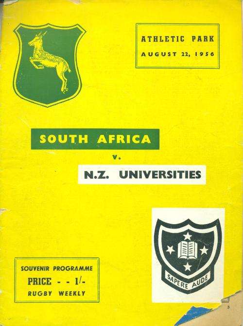 Rugby programme Springboks vs NZ Universities 22-8-1956