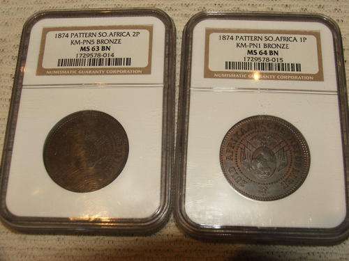 1874 ZAR Pattern Coins 1p MS64 BN and 2p MS63 BN EXTREMELY RARE Mintage Estimated at 50