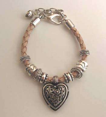 STUNNING TIBETAN SILVER AND LEATHER HEART CHARM BRACELET!!