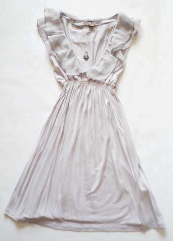 PRETTY V-NECK FRILLED GREY DRESS AND CAMEO-STYLE NECKLACE!!