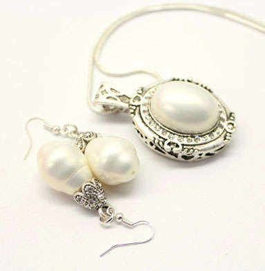 Lauren Michelle Collection Faux Pearl Pendant on Snake Chain and Australian Nugget Pearl Earrings