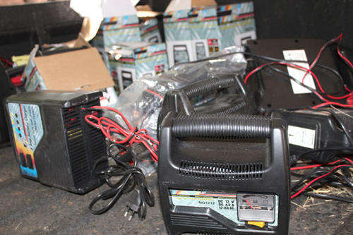 Massive Lot of Spotlights, Battery Chargers and Compressors
