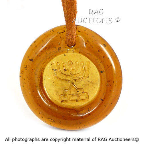 Vintage Glass Pendant Disk with Jewish Menorah On Leather Necklace