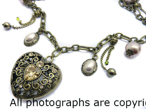 **R740** Tasseled Charm and Swarovski Necklace With Diamante Heart Pendant