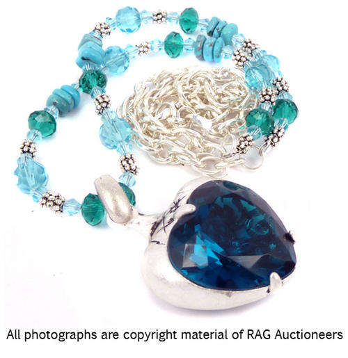 **R800** Swarovski Aquamarine Crystal and Turquoise Stone Necklace With Heart Pendant