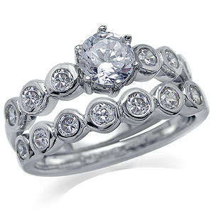 Set of 2 White CZ Rhodium Plated WEDDING SET-Thai Sterling Silver Ring Size 8