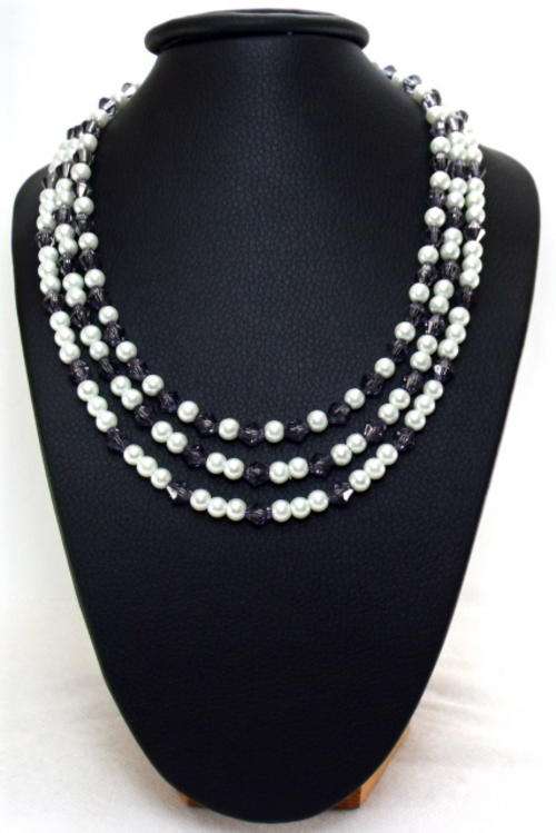 3-Strand 42cm White Pearl and Smokey Saphire Blue Crystal necklace by Cooper & Lombard Jewelry