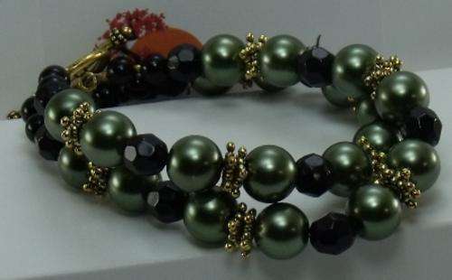 Double Strand Avo-Green Pearl and Gold Bracelet by Cooper and Lombard Jewellry