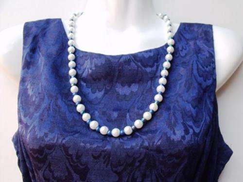 62cm 10mm Ice White Pearls with Royal Blue, Green & Gold beads by Cooper and Lombard Jewellry