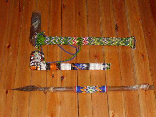 RRR1 START--SOME BEADED AFRICAN ARTIFACTS--SMOKING PIPE AND ASSEGAI
