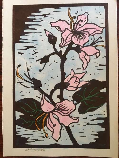 GREGOIRE BOONZAIER, COLOURFUL FLOWERS LINOCUT