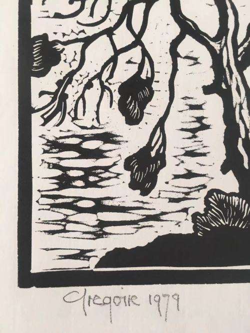 GREGOIRE BOONZAIER, TWO TREES, FLAT RAIN LINOCUT