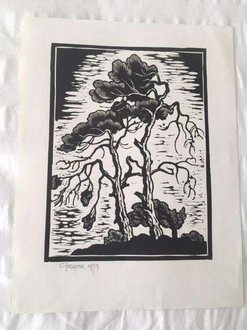 GREGOIRE BOONZAIER, TWO TREES, FLAT RAIN LINOCUT