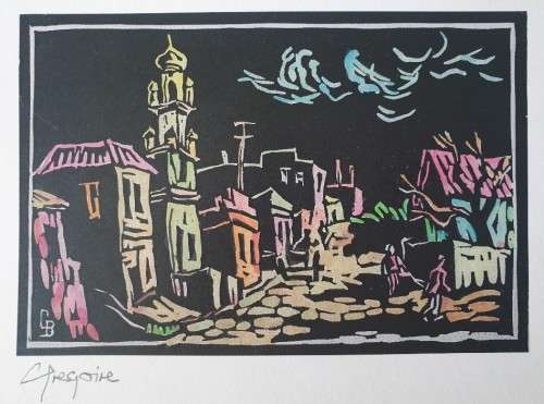Gregoire Boonzaier, Mosque, Bo Kaap, Coloured Linocut