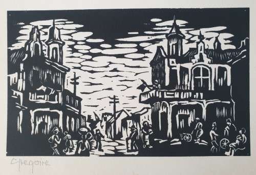Gregoire Boonzaier, Three Towers, District Six, Linocut