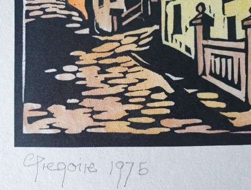 Gregoire Boonzaier, Street Scene, District Six, Linocut