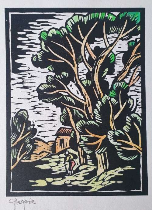 Gregoire Boonzaier, House Amongst Bluegum Trees, Coloured Linocut