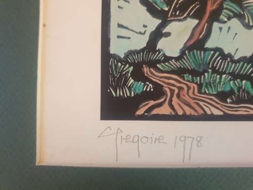 Gregoire Boonzaier, Windswept Trees, Coloured Lino