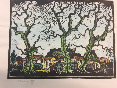 Gregoire Boonzaier(Rare)- Hand Coloured - Houses Amongst Trees - Signed And Dated In Pencil.