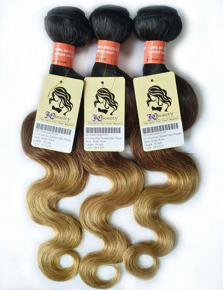 (3 bundles) 18" 6A Brazilian Human Hair BodyWave 300g ombre color 1B/4/27#