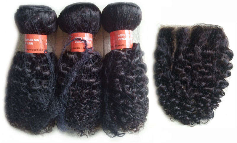 Brazilian Kinky Curl Human Hair 1B# 3 Bundles 10" Weave with 8" Closure [Free Shipping]