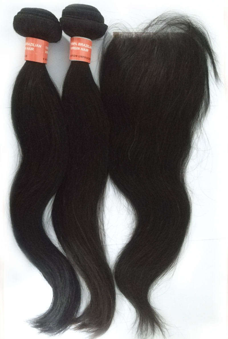 [Free Shipping] Remy Brazilian Human Hair 16" Hair Weave with 14" Closure Straight 1B#