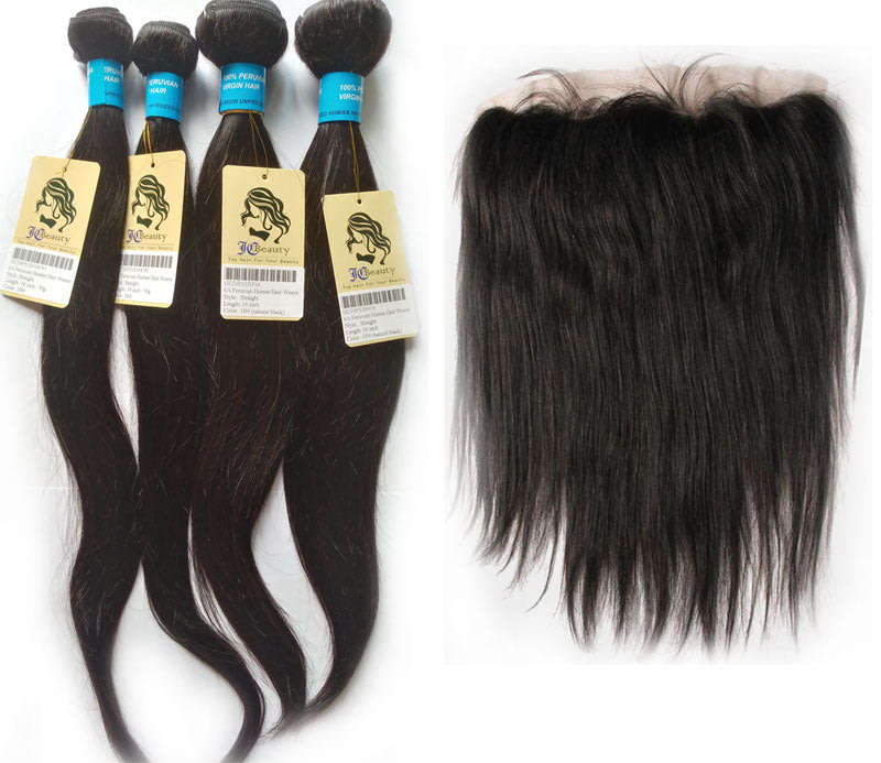 [Free Shipping] Peruvian Hair bundle Weave with Ear to Ear Lace Frontal Closure Straight 1B#