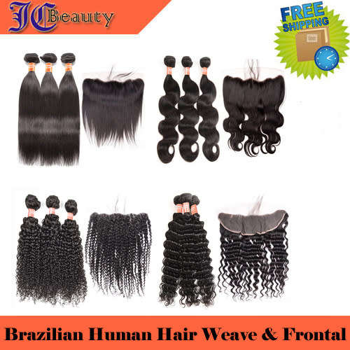 [Free Shipping ] 6A Brazilian Human Hair Weaves 3bundles with 13x4 Frontal Closure 1B# 10"~24"