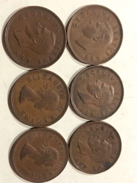 1949 to 1954 Union of SA 1 Penny coins: 6 coins in good condition