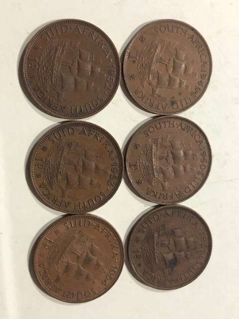 1949 to 1954 Union of SA 1 Penny coins: 6 coins in good condition