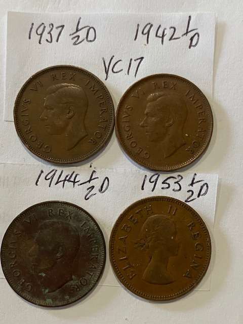 4 GREAT 1/2D COINS OF THE UNION OF SA IN  GOOD CONDITION: 1937 ONE VERY SCARCE