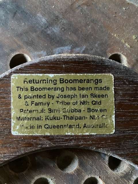 Old Wooden board game plus 2 boomerangs; one from Queensland Australia
