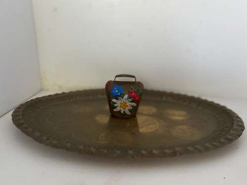 Beautiful brass tray plus decorated brass cow bell: Lovely item