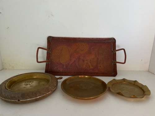 Wonderful decorated copper tray plus two lovely brass bowls(one embedded in wood) plus ashtray