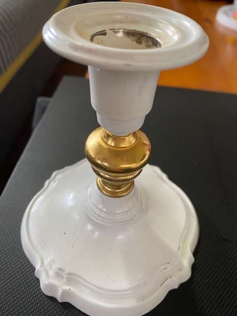 Lovely Brass and Enamel on White Metal Candle holder: Good condition