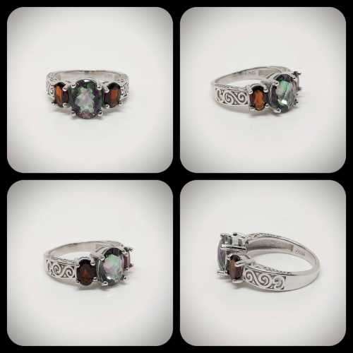 New hallmarked Steling Silver Mystic Topaz and Garnet Ring: 3.35 ct: US Size 7