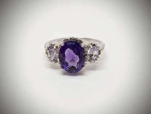 New hallmarked Sterling Silver Natural Amethyst, Tanzanite and Diamond Ring: 1.34 ct: US Size 7