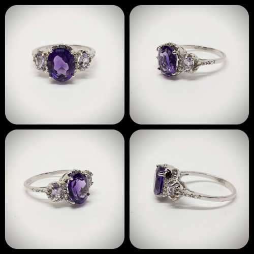 New hallmarked Sterling Silver Natural Amethyst, Tanzanite and Diamond Ring: 1.34 ct: US Size 7