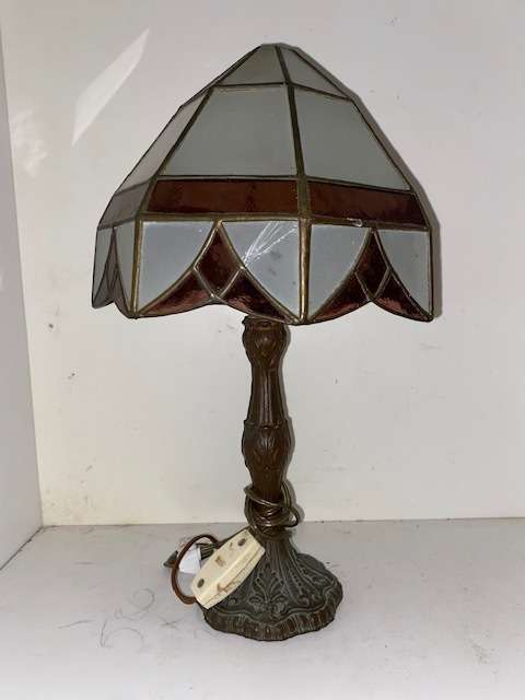 Gorgeous old Lead Glass and solid metal lamp: Good conditioN SOME CRACKS IN GLASS PANELS: BARGAIN