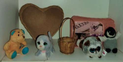 Lovely tray, basket and lovely soft toys