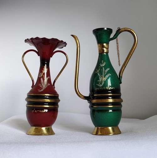 Gorgeous Vintage Israeli ewer and vase with Jerusalem and Hebrew inscription in excellent condition