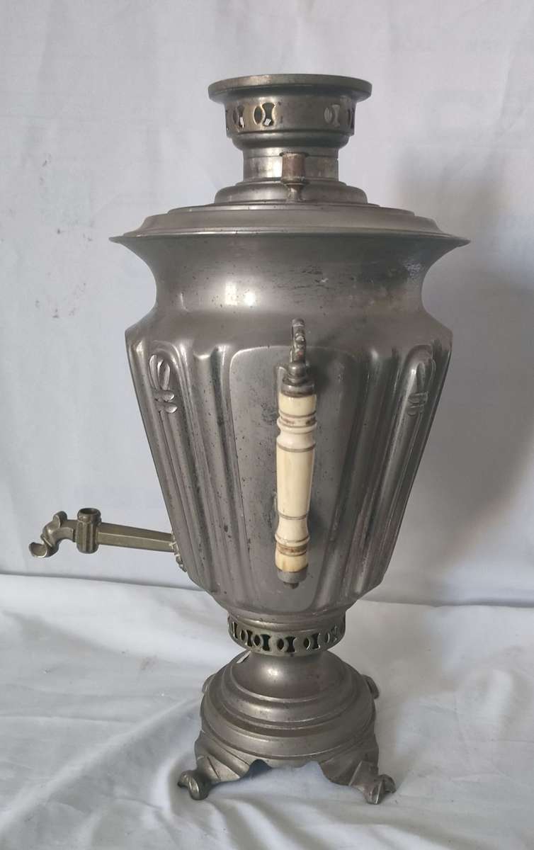 Beautiful White Metal Samovar: Missing one knob, part of Spigot and one dent: Lovely item