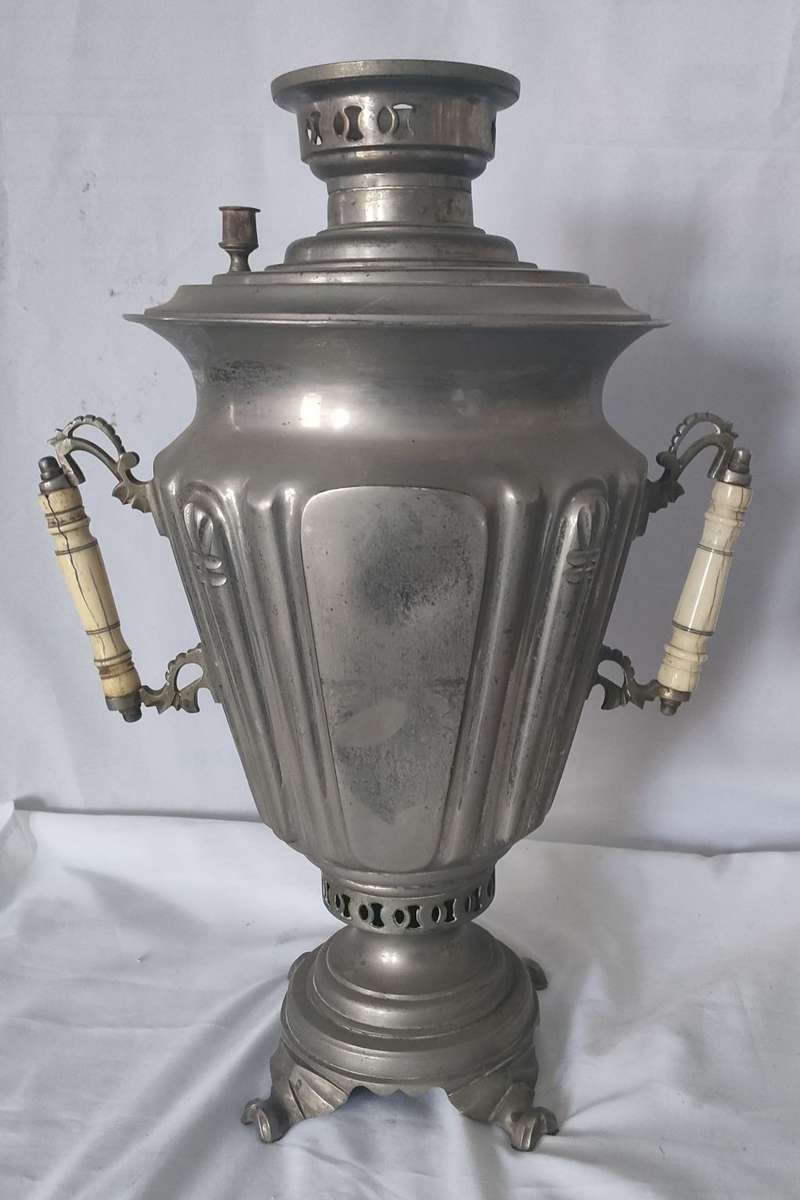 Beautiful White Metal Samovar: Missing one knob, part of Spigot and one dent: Lovely item