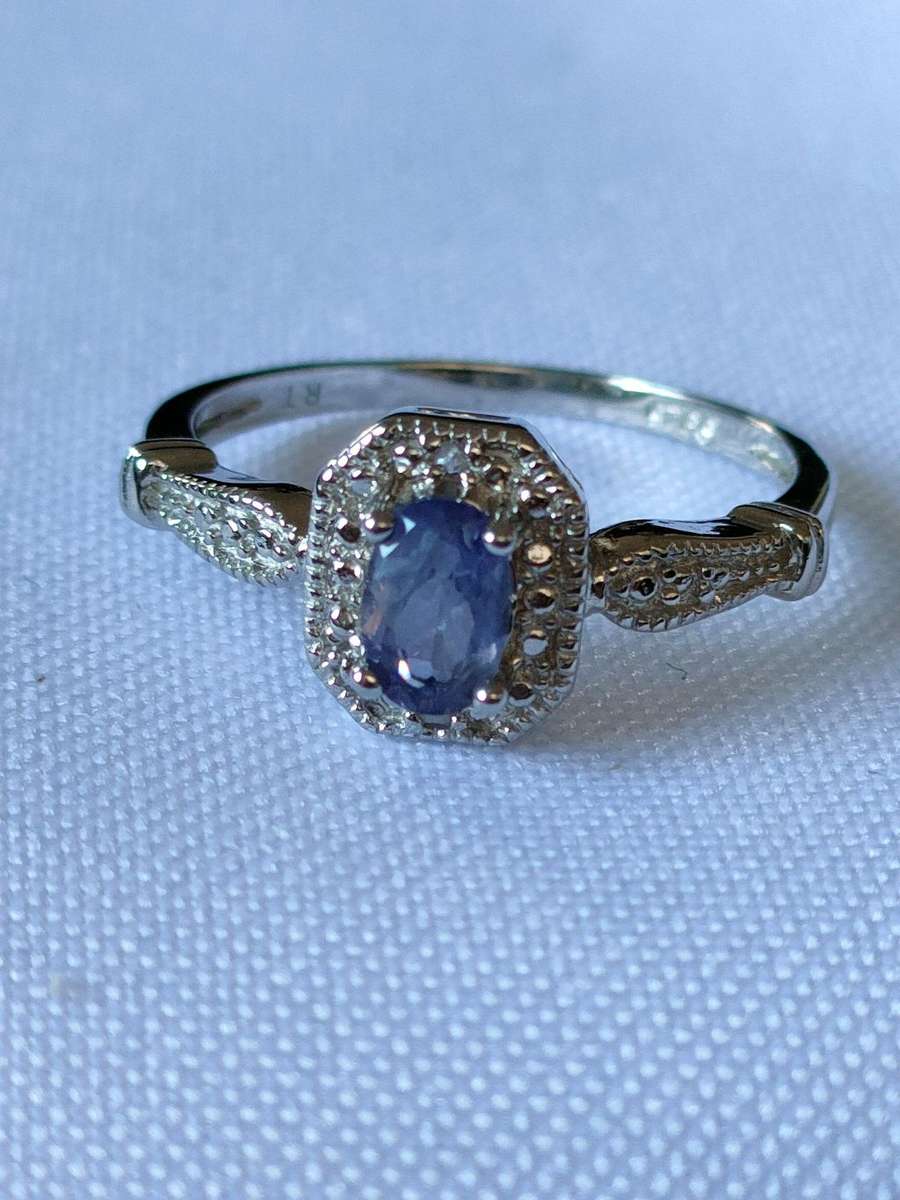 Iolite and diamond sterling silver ring - size: US 7 - 0.80 ct - 925 stamped