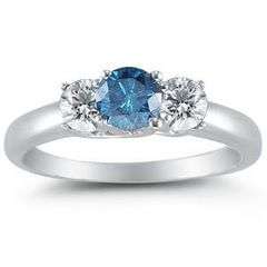 *R30000***14K White Gold Round 3 Stone Blue Diamond & White Diamond Ring (1/2 cttw) - Size 7