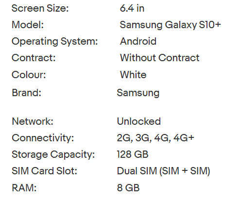 Samsung Galaxy S10 Plus 128GB Dual Sim - Unlocked International Edition- Prism White