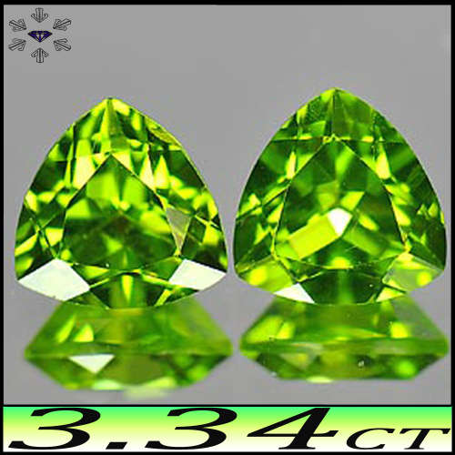 3.34ct Pair Matching Unheated Peridot - SI - Two Thailand Golden Green Trillions