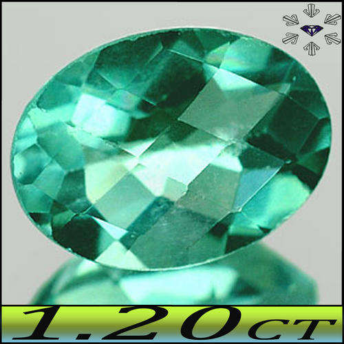 1.20 CT LUMINOUS AQUA GREEN FLUORITE GEMSTONE, A CLEAN CHECKERBOARD OVAL.
