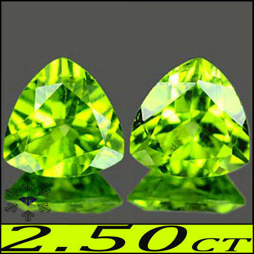 2.50 CT IMMACULATE BRIGHT GREEN PREFECT PERIDOT PAIR TRILLIANT POLISHED NATURAL UNHEATED GEMSTONES.