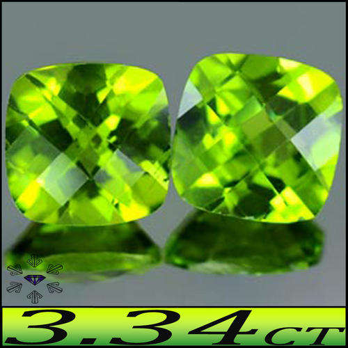 3.34 CT UNHEATED NATURAL GREEN PERIDOT PAIR SQUARE POLISHED GEMSTONES FROM BURMA.